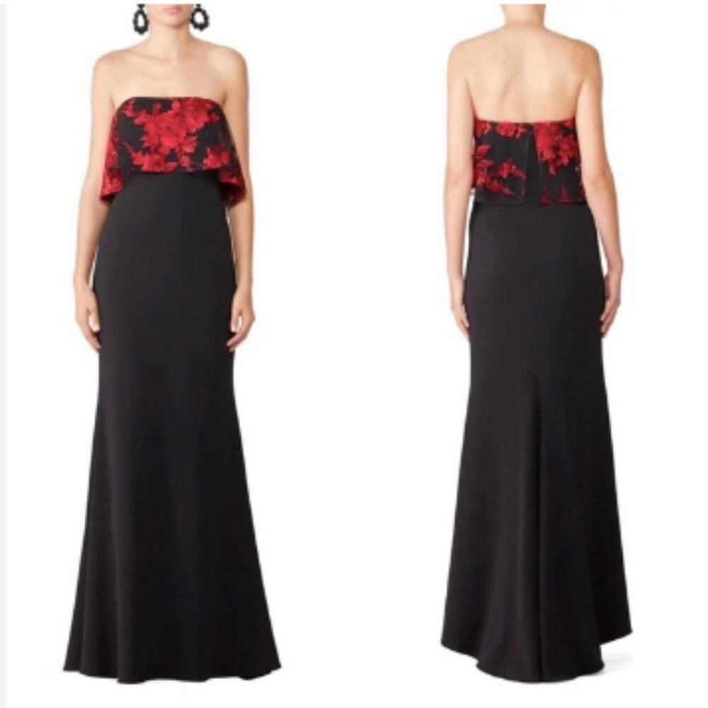 Badgley Mischka Floral Strapless Popover Gown dress black red - 10